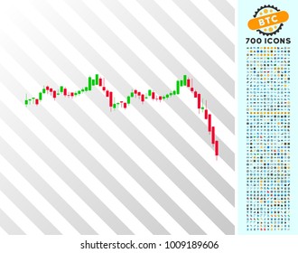 Candlestick Graph Falling Acceleration icon with 7 hundred bonus bitcoin mining and blockchain symbols. Vector illustration style is flat iconic symbols designed for blockchain apps.