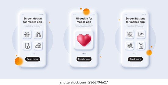 Candlestick graph, Phone protect and Approved document line icons pack. 3d phone mockups with heart. Glass smartphone screen. Tap water, Home facility, Search statistics web icon. Vector