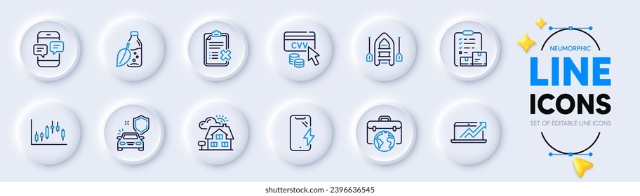 Candlestick graph, Reject checklist and Smartphone charging line icons for web app. Pack of Boat, Realtor, Sales diagram pictogram icons. Water bottle, Businessman case, Car secure signs. Vector