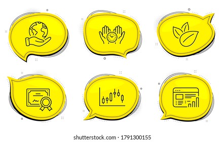 Signo de gráfico de candelabros. Certificado de diploma, salva las burbujas de chat del planeta. Tiempo seguro, conjunto de iconos de línea de informes de productos orgánicos y Web. Gestión, hojas, gráfico gráfico gráfico. Gráfico de finanzas. Conjunto de negocios. Vector