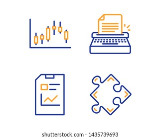 Candlestick graph, Typewriter and Report document icons simple set. Strategy sign. Finance chart, Writer machine, Statistics file. Puzzle. Education set. Linear candlestick graph icon. Vector