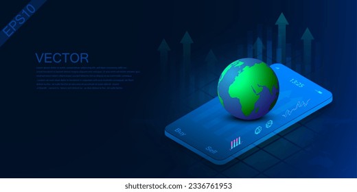 candlestick graph vector background 3d placed on phone high tech technology modern futuristic world online trading indicator concept global world map
