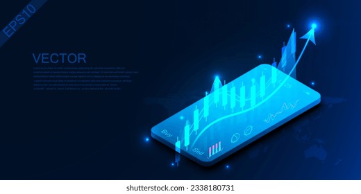 gráfico de candlestick fondo vectorial 3d colocado en el teléfono alta tecnología moderno futurista mundo moderno concepto de indicador de comercio online mapa mundial mundial