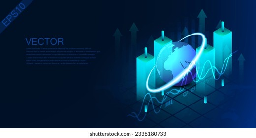 candlestick graph vector background 3d placed on phone high tech technology modern futuristic world online trading indicator concept global world map