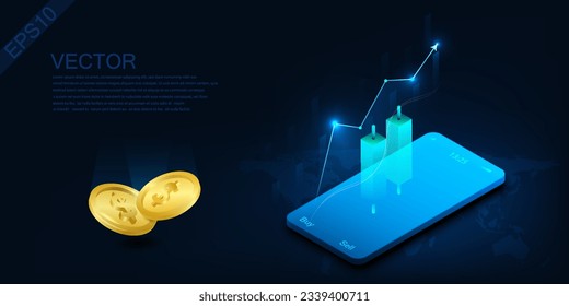 candlestick graph vector background 3d placed on phone high tech technology modern futuristic world online trading indicator concept global world map