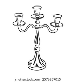 Candlestick hand drawn black ink. Vintage elements in simple pencil and sketch style. Vector candelabrum in engraving style. Doodle outline illustration.