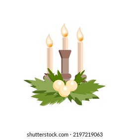 Candlestick, hand-drawn in a flat style. Decor. Burning three candles. Christmas. Spruce branches with holiday balls. Vector simple illustration.