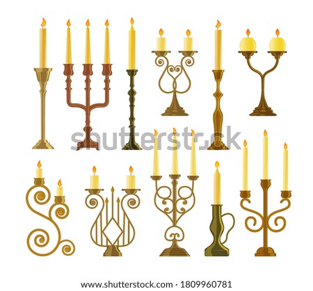 Candlestick icon. Vintage candelabrum or candlestick with burning wax candle flame set. Vector elegant old-fashioned royal gold, bronze, brass metallic lamp icon illustration for interior design