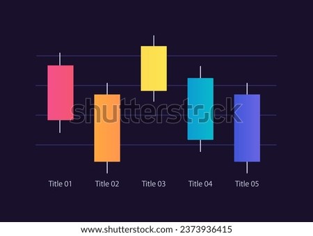 Candlestick infographic chart design template for dark theme. Five categories. Editable infochart with vertical bar graphs. Visual data presentation. Myriad Pro-Bold, Regular fonts used