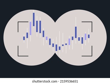 Un gráfico de inversión de candlestick en un visor binocular, una investigación del mercado de valores