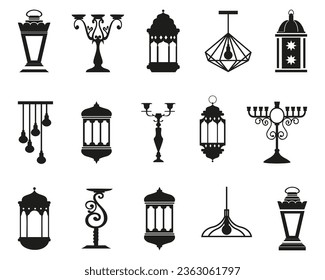 Candlestick lamp icons for religion celebration. Traditional candlestick icons