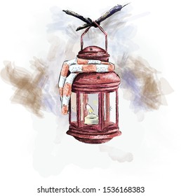 Candlestick lantern, with a burning candle inside. Vector illustration. Red candlestick lantern hanging on a tree, tied with a scarf. Cozy and festive atmosphere.