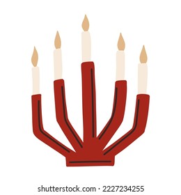 Candlestick with lighted candles. Hand drawn Christmas winter illustration