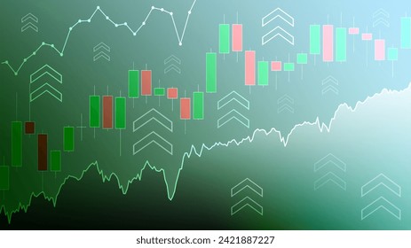 Candlestick and line chart. The concept of strengthening financial market. Blue sky and green gradient background create a natural impression. Ideal for green investment themes.