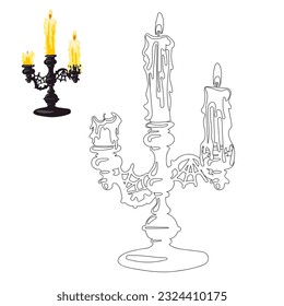 A candlestick made of a triple holder with candles in a contour style for coloring. Mini coloring book, selection of colors. Candles for divination on holders. Coloring book. Silhouette of a candle