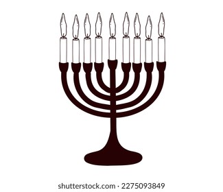 Candlestick with nine candles. Hanukkah menorah. Doodle vector illustration