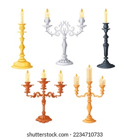 candlestick old candle set cartoon. vintage retro light, candelabra holder, wax candlelight, elegant ancient candelabrum candlestick old candle vector illustration