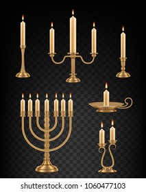 Candlestick with one, two, three and seven burning candles set. Vector realistic illustration isolated on transparent background.