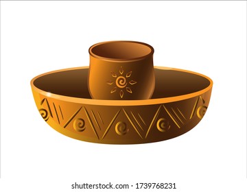 Candlestick is a pottery folk product. Candlestick with a pattern in the form of the sun - vector full color picture. Traditional eco-friendly clay utensils - candlestick.
