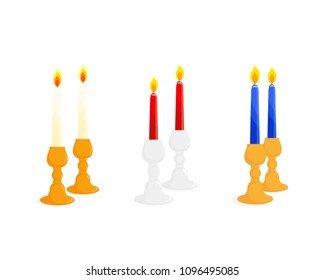 Candlestick set, pair of candlesticks, two candlesticks with burning candles, isolated on white background