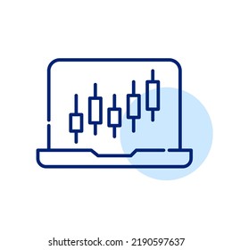 Candlestick stock chart on a laptop. Pixel perfect, editable stroke line art icon