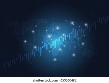 Candlestick stock exchange chart market investment trading with world map, Business graph. trend of graph design. Vector Illustration