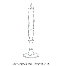 Candlestick tall, copper, bronze with a burning candle with wax drips, antique, retro, vintage. Line art is a simple hand-drawn illustration in black and white ink. Isolated vector EPS object.