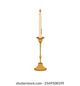 Candlestick with tall taper candle. Golden candleholder, lit wax pillar, festive light decoration in classic style. Brass chamberstick decor. Flat vector illustration isolated on white background