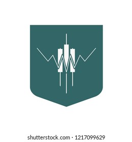 Candlestick trading chart analyzing in forex stock market. Exchange broker emblem. Shield and candles