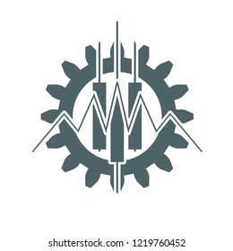 Candlestick trading chart analyzing in forex stock market. Exchange broker emblem. Cog wheel and candles