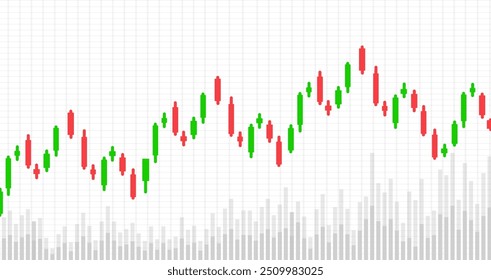 Candlestick crescente tendência gráficos padrão com indicador de gráfico de volume no fundo da grade - Forex mercado de câmbio fundo - Padrão de gráficos financeiros.