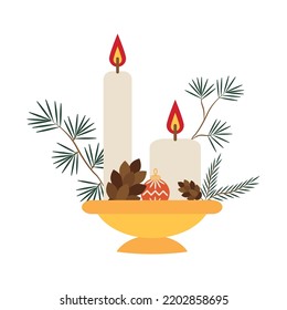 Candlestick with two candles decorated with pine branches and cones. vector illustration