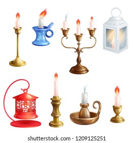 Candlestick vector candle lantern vintage candlelight decoration and old candelabrum holder illustration set of antique candelabra fire light lamp isolated on white background