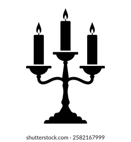 Candlestick vector icon. Three-candle holder design. Black silhouette isolated on white background.