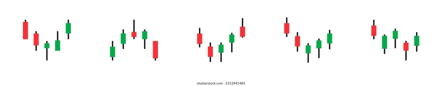 Iconos vectoriales de candelabro. Comerciando criptodivisa, mercado de valores. Patrones de candelabros de colores azules y bearistas.  Conjunto de iconos de candelabro japonés. EPS 10