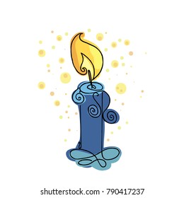 Candlestick vector illustration. Burning blue candle. Design glow.