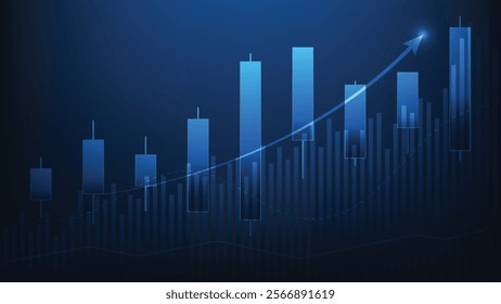 candlesticks and bar chart on blue background with arrow up