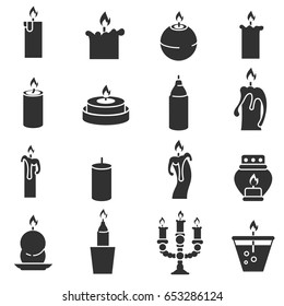 Candlesticks with candles of various shapes. Monochrome icons set.