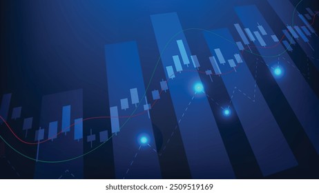 gráfico de castiçais e gráfico de barras sobre fundo azul. finanças e investimento empresarial