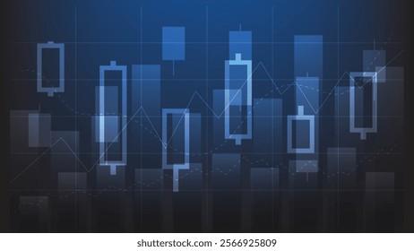 candlesticks chart and bar graph on blue background. stock market and finance investment 