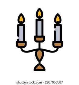 Candlesticks icon. Filled outline design. Triple candelabrum with three burning candles on white background. Retro Candlestick. For presentation, graphic design, mobile application. Ve