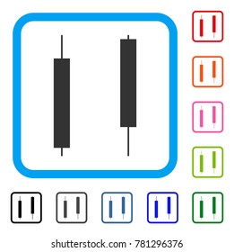 Candlesticks icon. Flat grey pictogram symbol inside a blue rounded frame. Black, gray, green, blue, red, orange color versions of Candlesticks vector. Designed for web and application interfaces.