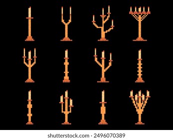 Candlesticks icon set in pixel art style. Candles in 8-bit pixel style. Candlesticks for candles on black background. Icon design for banners, posters and promotional products. Vector illustration