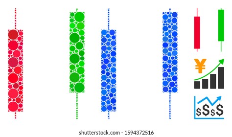 Candlesticks mosaic of round dots in various sizes and color tints, based on candlesticks icon. Vector round dots are united into blue illustration.