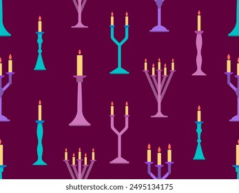 Patrón sin fisuras de candelabros. Candelero con velas. Candelero con velas encendidas. Diseño para Fondos de pantalla, envoltorios, fundas y Anuncios. Ilustración vectorial