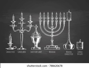 Candlesticks set drawn with chalk on blackboard. Candlestick, candelabra, sanctuary lamp, menorah, modern and candle in glass.