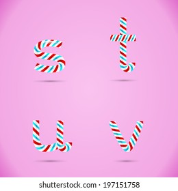 Candy 3D alphabet. Candy letters. Sweet letters. Vector candy alphabet. Alphabet letters. Candy font. Typography. S letter. T letter. U letter. V letter.