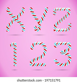 Candy 3D alphabet. Candy letters. Sweet letters. Vector candy alphabet. Alphabet letters. Candy font. Typography. X letter. Y letter. Z letter. Number 1. Number 2. Number 3. One. Two. Three.
