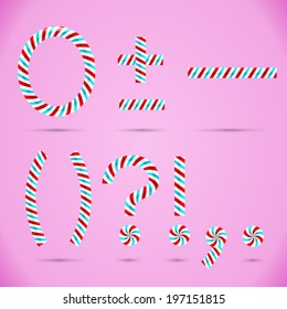 Candy 3D alphabet. Candy letters. Sweet letters. Vector candy alphabet. Alphabet letters. Candy font. Typography. Zero. Dot. Comma. Plus. Minus.