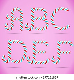 Candy 3D alphabet. Candy letters. Sweet letters. Vector candy alphabet. Alphabet letters. Candy font. Typography. A letter. B letter. C letter. D letter. E letter. F letter.